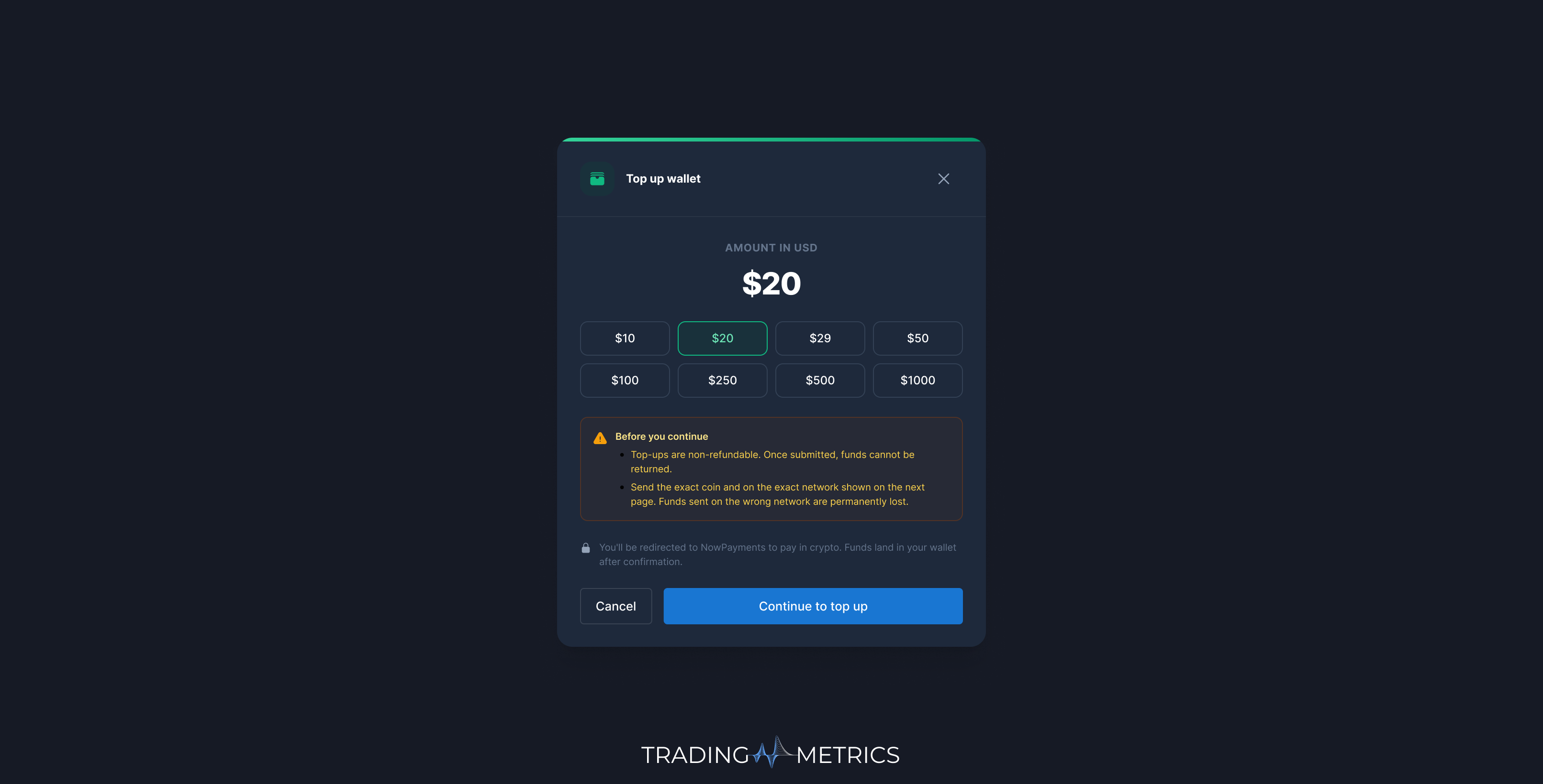 Top up wallet amount selection