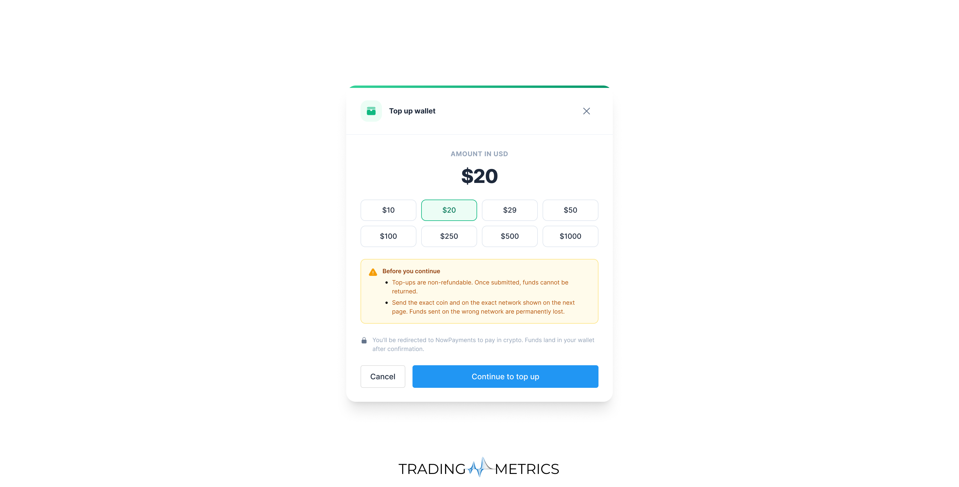 Top up wallet amount selection