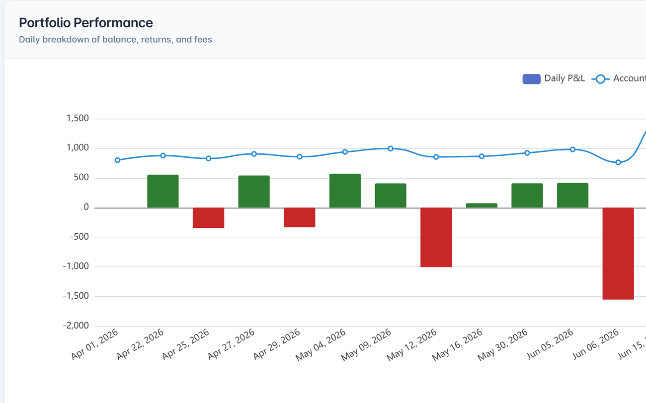 Portfolio performance analytics: daily profit and loss bars against the account balance curve over a year