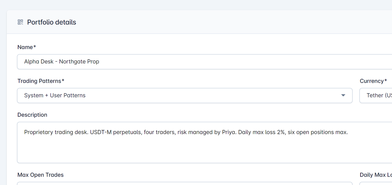 The portfolio overview panel for a prop trading desk, showing its name, description and settings