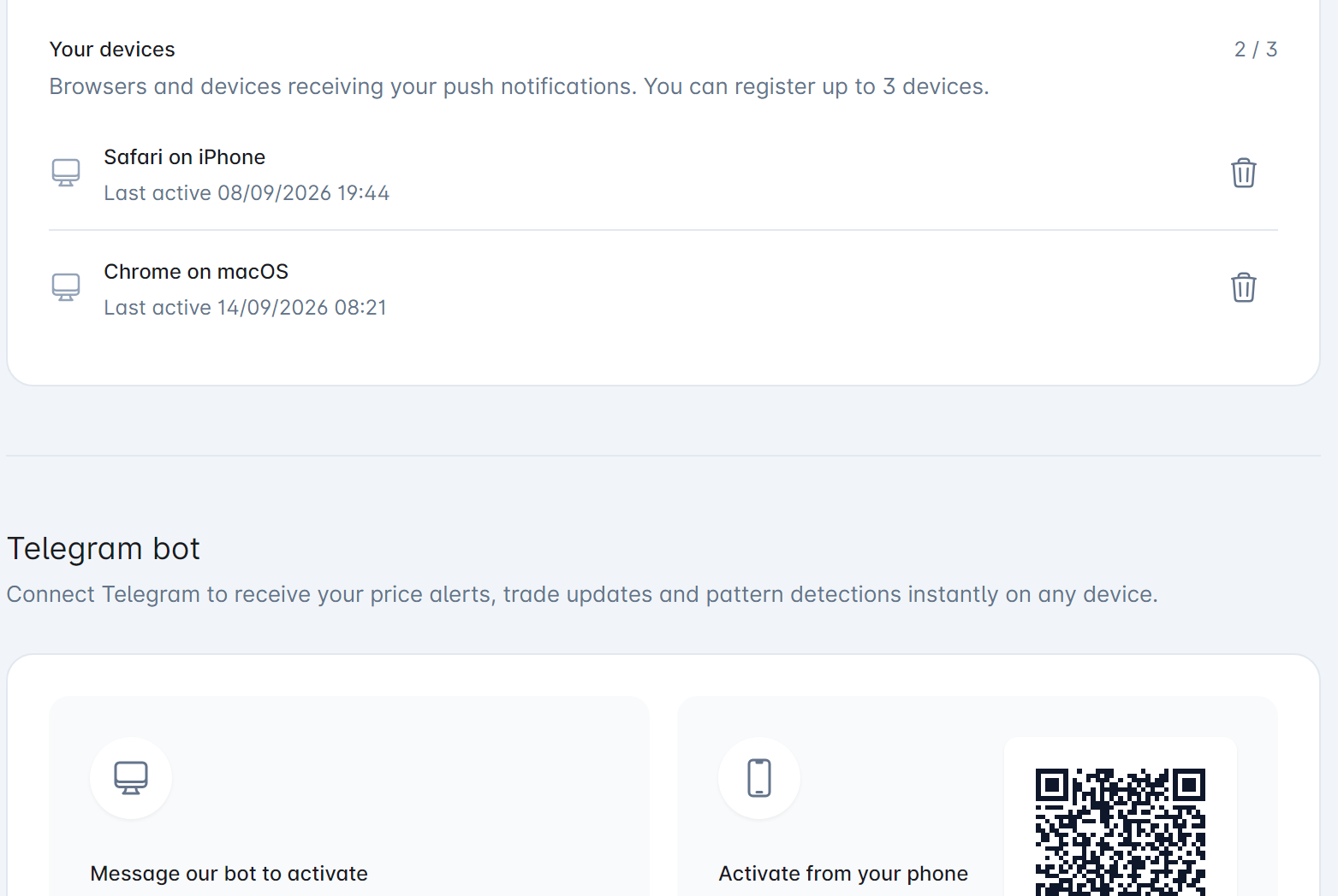 Notification settings showing registered push devices - Safari on iPhone and Chrome on macOS, two of three used - above the Telegram bot section with a QR code to pair a phone
