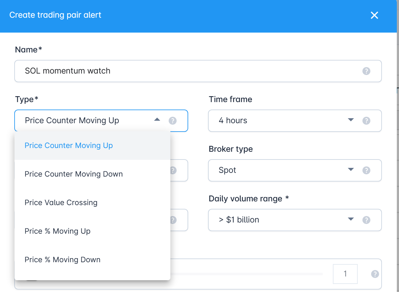 The create alert dialog with the type menu open, listing price counter moving up and down, price value crossing, and price percent moving up and down, alongside timeframe, broker type and trading pair fields