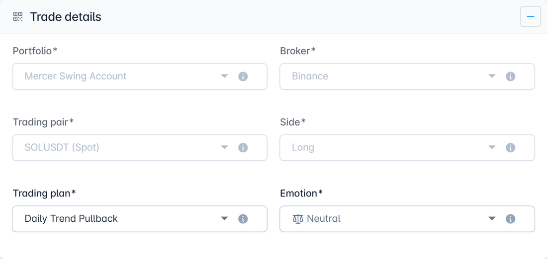 The trade detail form: portfolio, broker, trading pair, side, trading plan and emotion for a SOL long
